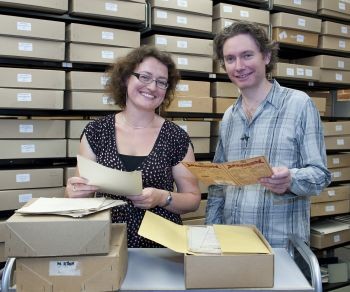 Head of Special Collections Fiona Courage and director Kevin Macdonald in the Ma