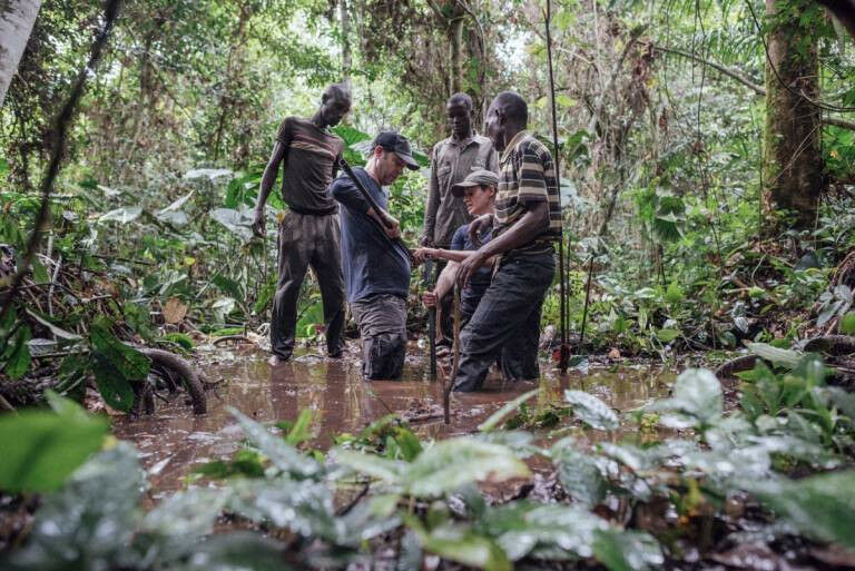 Scientists take a core sample in the Congo peatlands in the DRC.