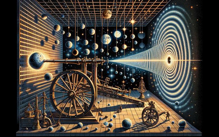 Artist’s illustration:  it depicts an experiment in which heavy particles 