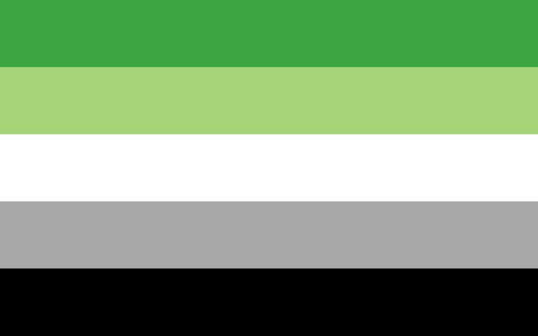The Aromantic Pride flag, made up of horizontal stripes of (top to bottom) dark