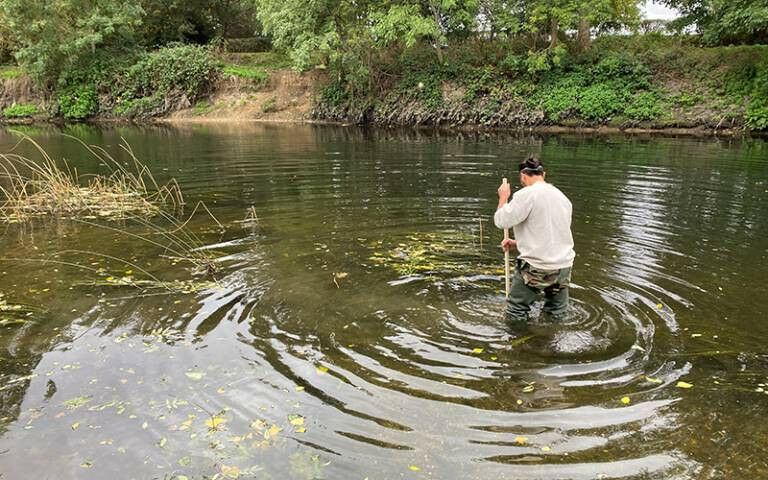 Person wading in River Lea London to collect data - Top: Collecting data in the