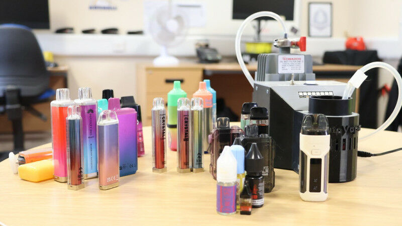 A collection of confiscated vapes found in schools alongside Prof Pudney&rsquo;s