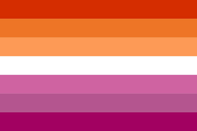 The Lesbian Pride flag, featuring seven coloured stripes in shades of orange, pi
