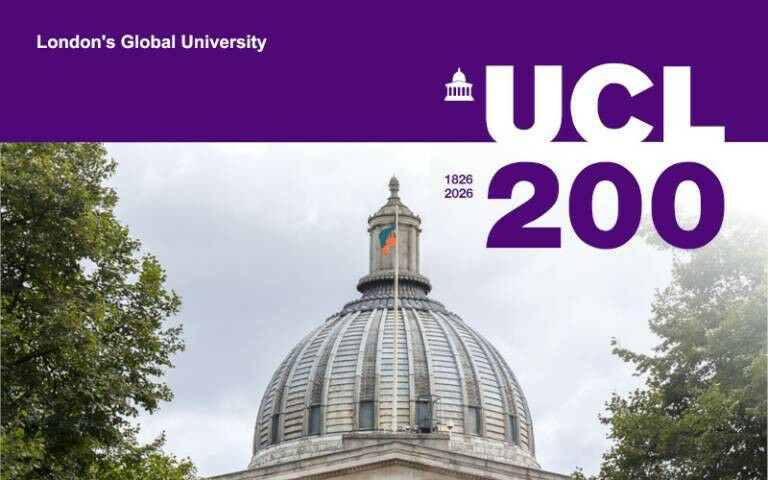 The UCL Portico building with a purple banner on top showing the text ’UCL