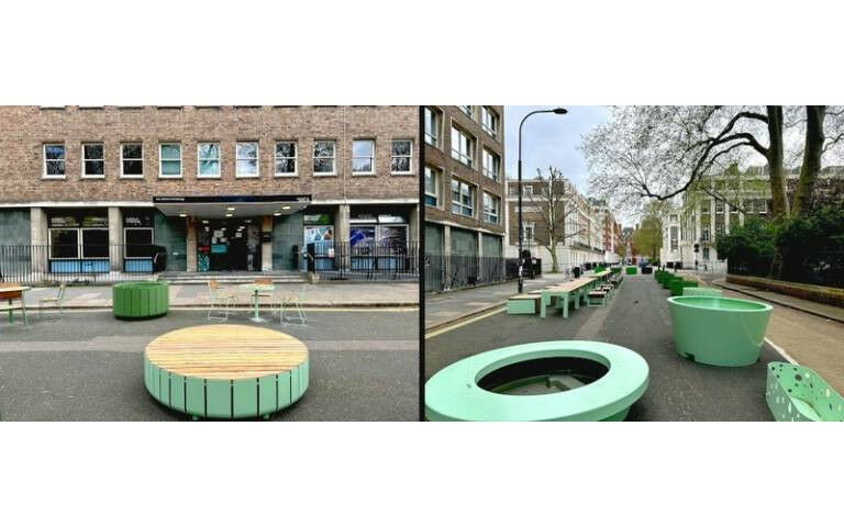 Two photos of the pedestrianised Gordon Square, with chairs and tables on the ro