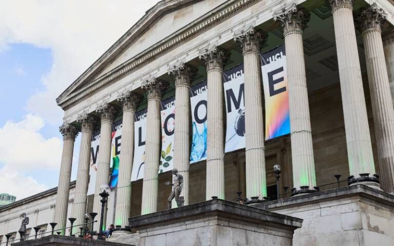 The UCL Portico building, displaying large banners reading &rsquo;Welcome&rsquo;