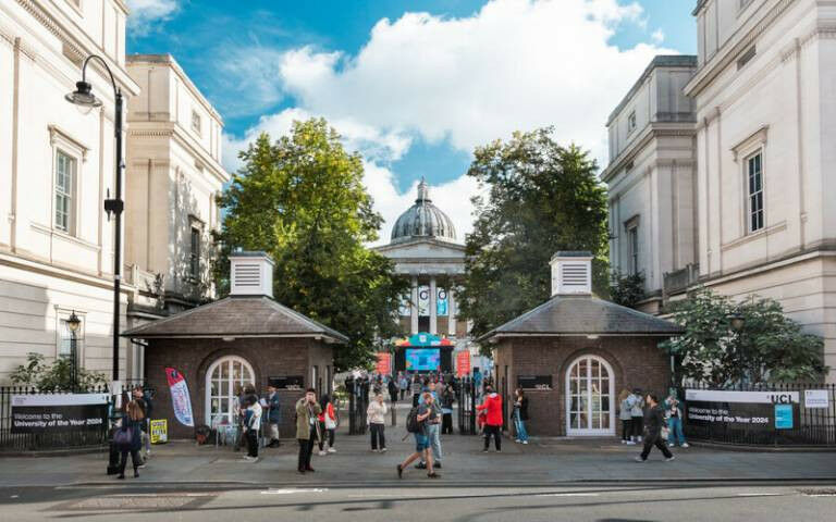 UCL’s Portico, gatehouses and Main Quad seen from outside the main gates d