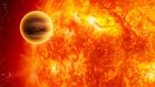 This artist's impression shows a gas-giant exoplanet transiting across the 